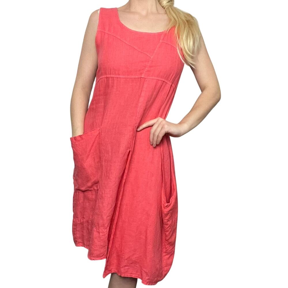 Made in Italy 100% Linen Asymmetrical Coral Dress with Pockets Size Small